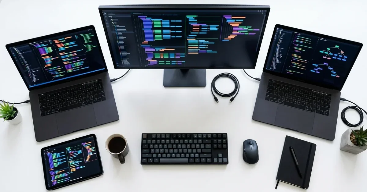 clean flat-lay of multiple IDE screens showing AI code suggestions, bright editorial studio light