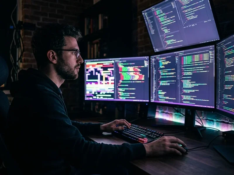 developer at a desk with multiple monitors showing code completion, focused concentration mood