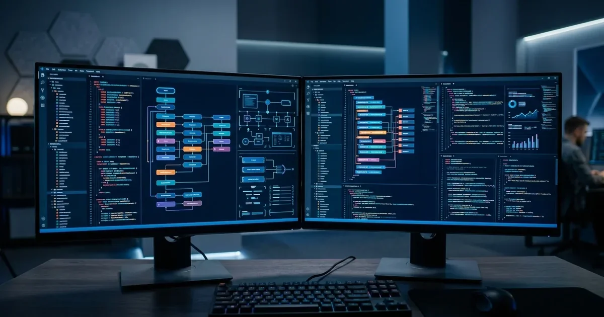 split-screen showing GitHub Copilot and Cursor IDE interfaces side by side, clean editorial lighting