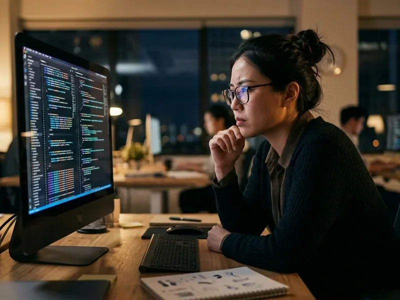 developer reviewing AI-generated code diff on screen, thoughtful expression, warm office lighting
